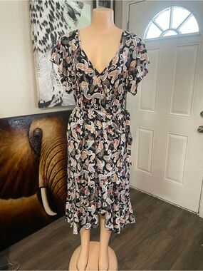 Robert Louis Black Paisley Midi Dress with Cream and Pink Accents